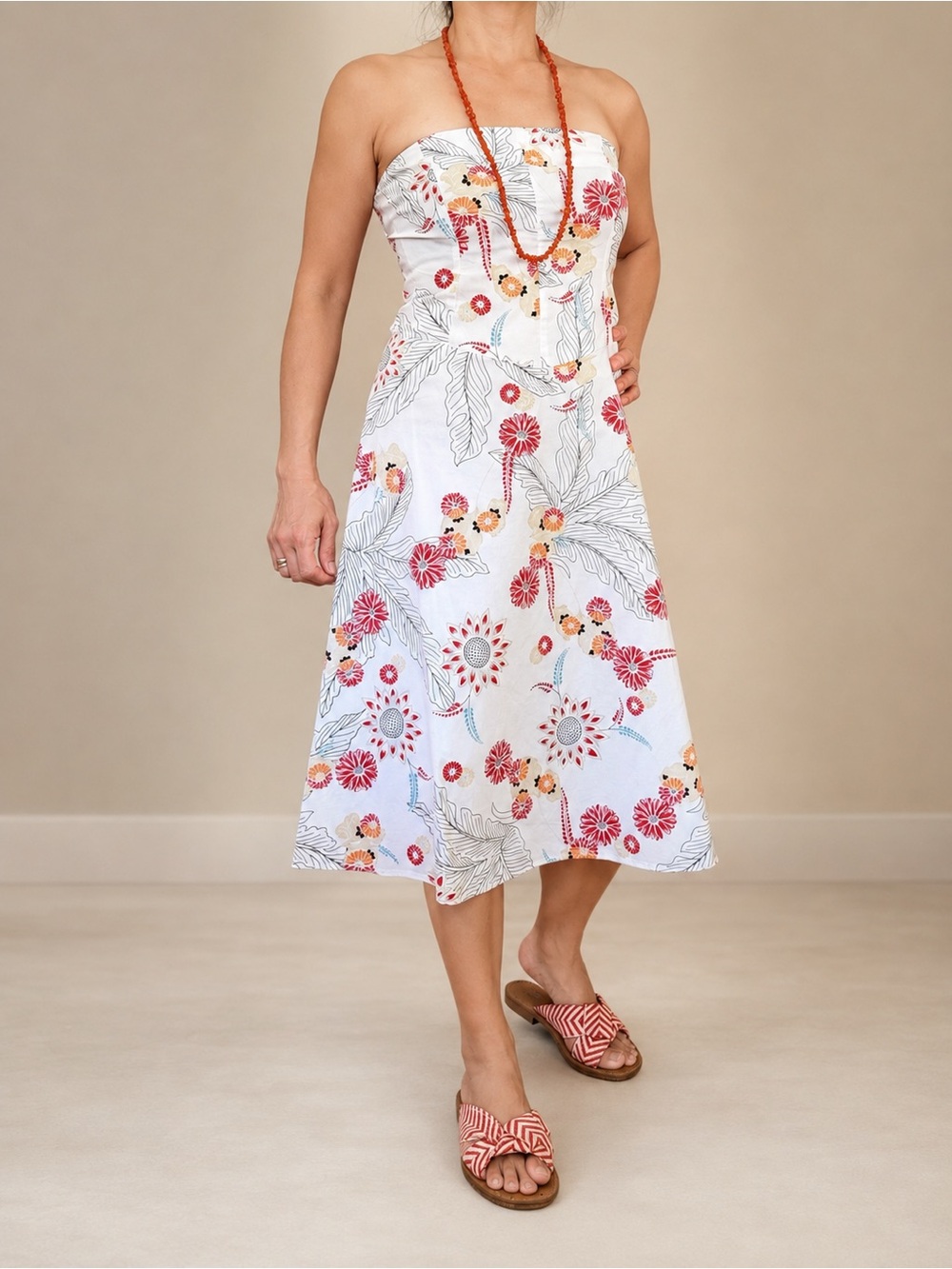 Heart Moon Star Floral Strapless Cotton Midi Dress Size 8